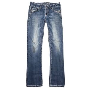 Miss Chic Womens Blue Rhinestone Embellished Bootcut Jeans Contrast Stitch Y2K